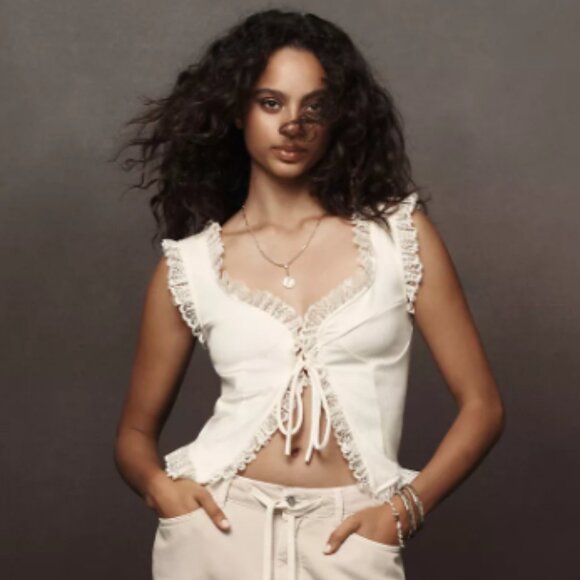 Brand New Blue Tassel Lace Tie-Front Tank Top - Picture 9 of 16